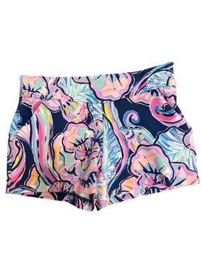 Lilly Pulitzer 4” Makenna Blue Pink Floral Stretchy Beach Shorts 0 Ponte Nauti N